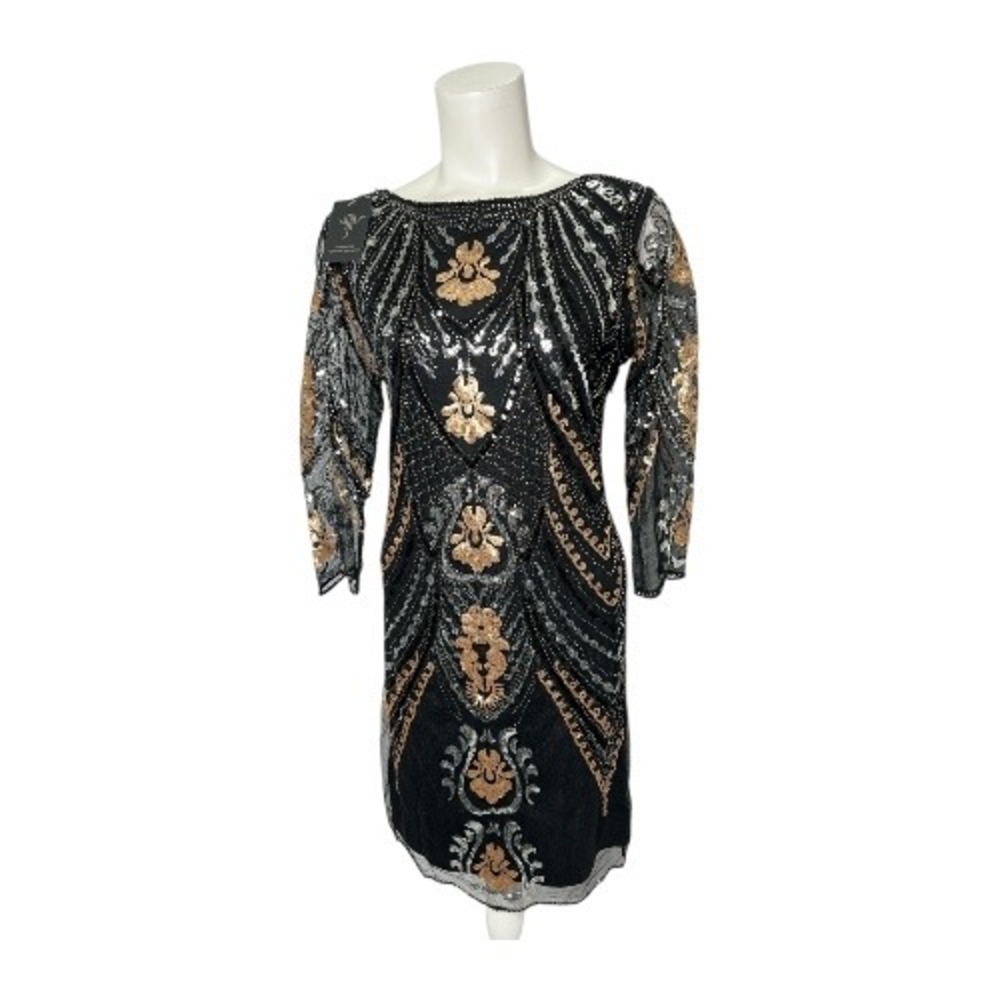 Sequin Beaded Black Gold Silver Gatsby Flapper Dress 3/4 Sleeve Large NEW